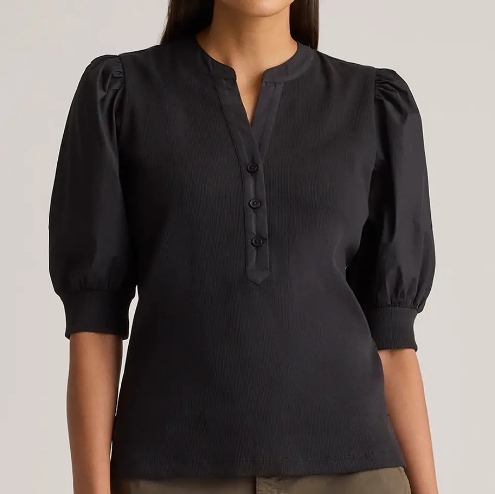 Quince Cotton Mixed Media Puff Sleeve Top Black XL New